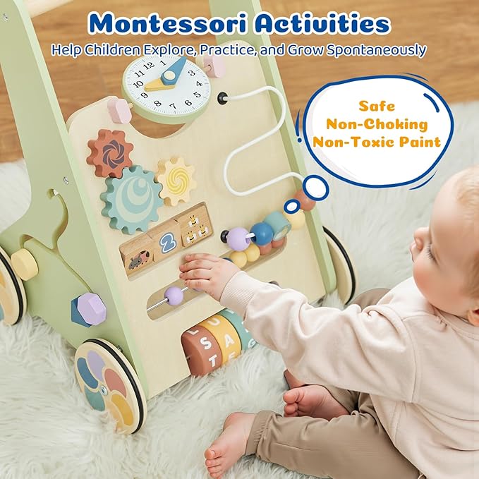 Wooden Baby Walker with Activity Center, Baby Push Walker for 1 Year Old Boys & Girls, Montessori Learning Walking Toy with Wheels, Toddler Push Toy with Storage Box 12 Months+