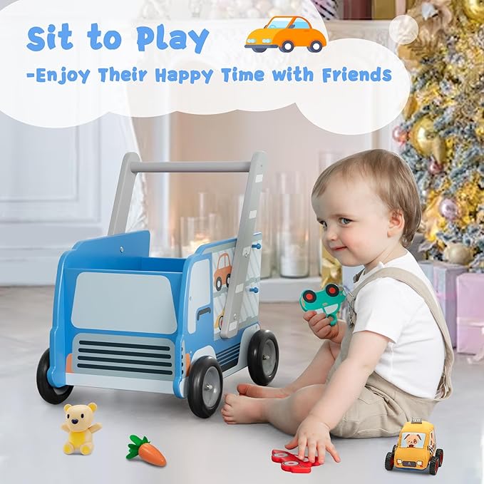 labebe Baby Wooden Learning Walker, 2-in-1 Toddler Push & Pull Toys Stroller Pushing Walker, Infant Sit to Stand Wood Walker Wagon, Transfer Cart Toy for Girls & Boys 1-3 Years Old Kids, Blue