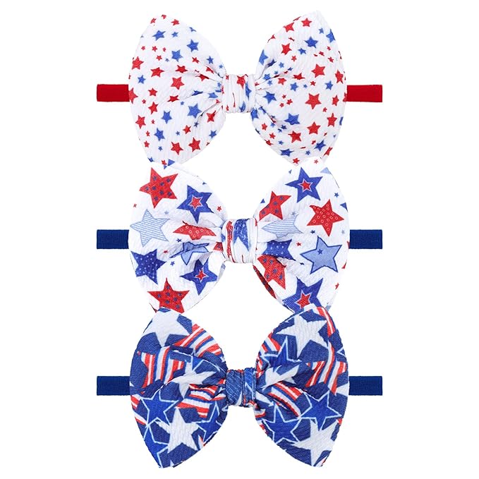 YanJie Fourth of July Patriotic Hair Accessories: Star Spangled Newborn Headbands, Nylon Bows for Infant Toddler Girls in Red, White & Blue