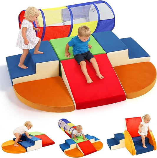 Ancaixin 7-Piece Baby Foam Climbing Blocks with Crawl Tunnel, Soft Foam Climbing Blocks for Toddlers,Baby Play Gym, Indoor Toddler Climbing Toys, Soft Play Set, Birthday Gifts for Boys and Girls