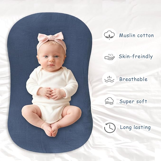 Hooyax Muslin Baby Lounger Cover 2 Pack - 100% Breathable Cotton Soft Infant Lounger Covers, Fits Most Standard Newborn Loungers & Pillows (Blue Checker + Navy)