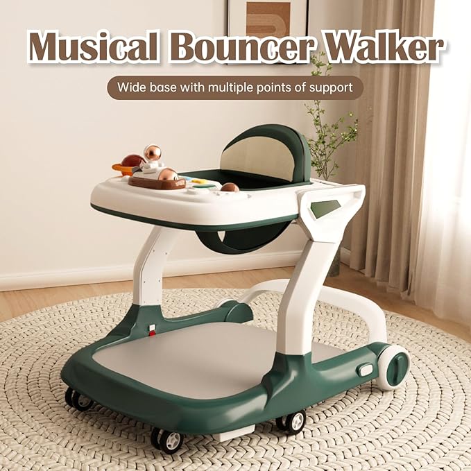 Baby Walker with Wheels Music and Lights with 9 Adjustable Heights Anti-Fall Baby Walker and Bouncer Combo for Boys Girls Babies 6-18 Months (Green and White)