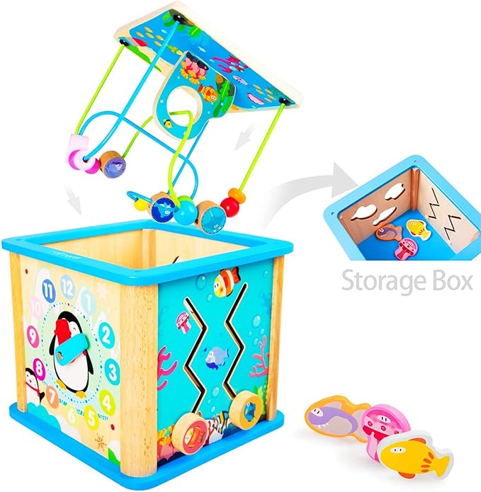 rolimate Wooden Activity Cube Best Christmas Gifts for 3 Year Old and Up Boy Girl Shape Sorter Activity Center for Baby Kid Toddler Preschool Learning Toys Educational Travel Toys