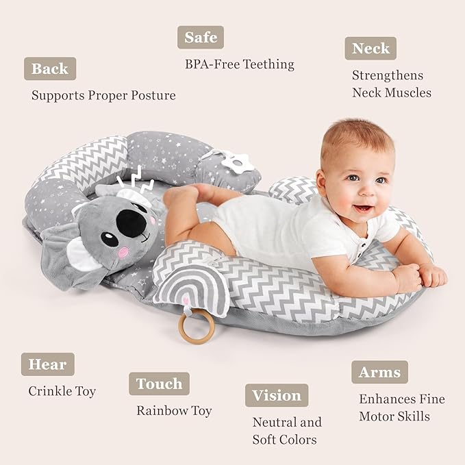 4 in 1 Tummy Time Mat with Educational Cards, Play Mat & Sitting Support for Newborn 0-12 Months, Infant Baby Sit Me Up Floor Seat, Sensory Skills Gifts, Koala