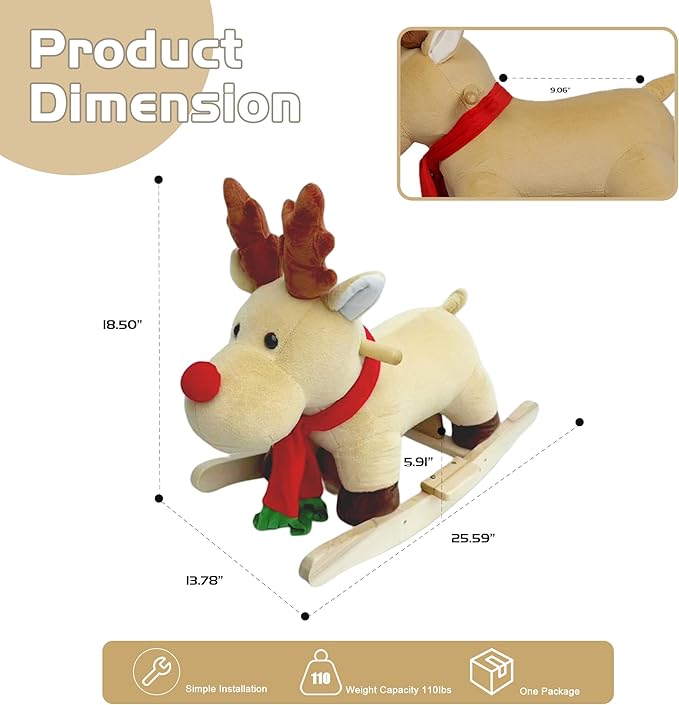 Reindeer Baby Rocking Horse for Toddlers 1 Years to 3 Years, Stuffed Plush Ride-on Rocking Animal with Realistic Sound and Music, Wooden Rocking Horse with Seat, Apricot Reindeer, CPC Certified