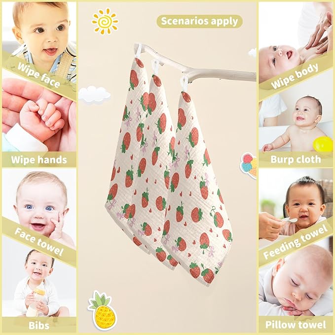 Washcloths Set Bathroom Kitchen Wash Cloths Face Towels Wipes Strawberry Bowknot Decorative 12x12 Inch 5 Pack