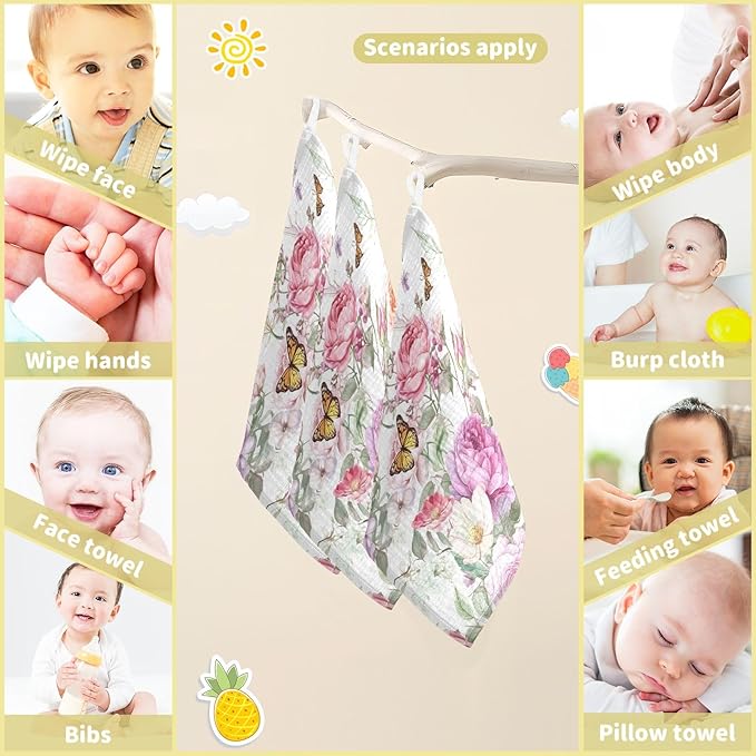 Bolaz Baby Gauze Towels for Kids Soft Handkerchief Newborn 100% Cotton Pink Rose Flower Butterfly Green Leaves Absorbent 12x12 Inch 3 Pack