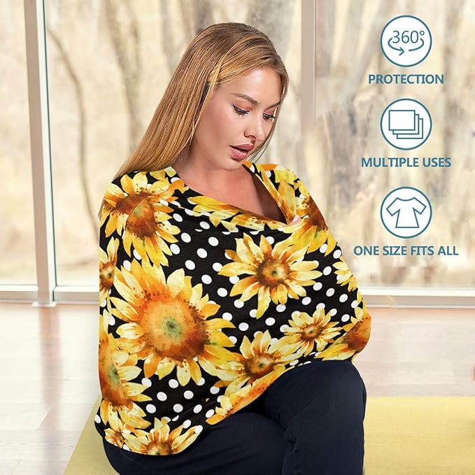 Sunflower Floral Polka Dot Baby Car Seat Covers, Nursing Cover Breastfeeding Scarf Soft Breathable Stretchy Coverage, Infant Stroller Cover for Boys Girls