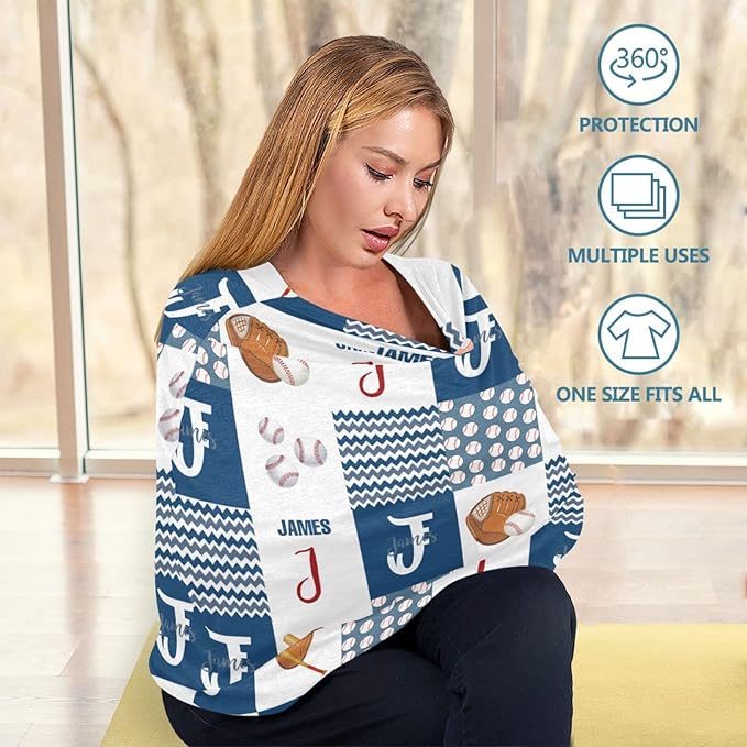 Personalized Multiuse Baby Car Seat Covers with Name, Custom Baseball Nursing Cover Breastfeeding Scarf for Babies, Carseat Canopy for Newborn Boys Girls, Infant Stroller Cover