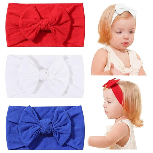 jollybows 3PCS Baby Nylon Headbands Hairbands Hair Bow Elastics for Baby Girls Newborn Infant Toddlers Kids (11-Red+White+Blue, 1 Count (Pack of 3))