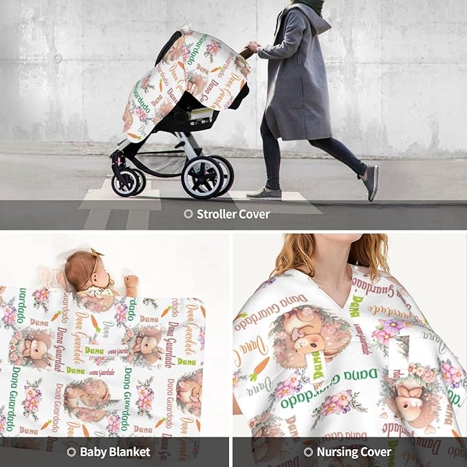 Personalized Cute Rabbit Baby Car Seat Cover for Girl, Customized Name Nursing Covers Breastfeeding Scarf, Multi Use Infant Carseat Canopy for Newborn Carrier/Stroller/Shopping Cart/High Chair