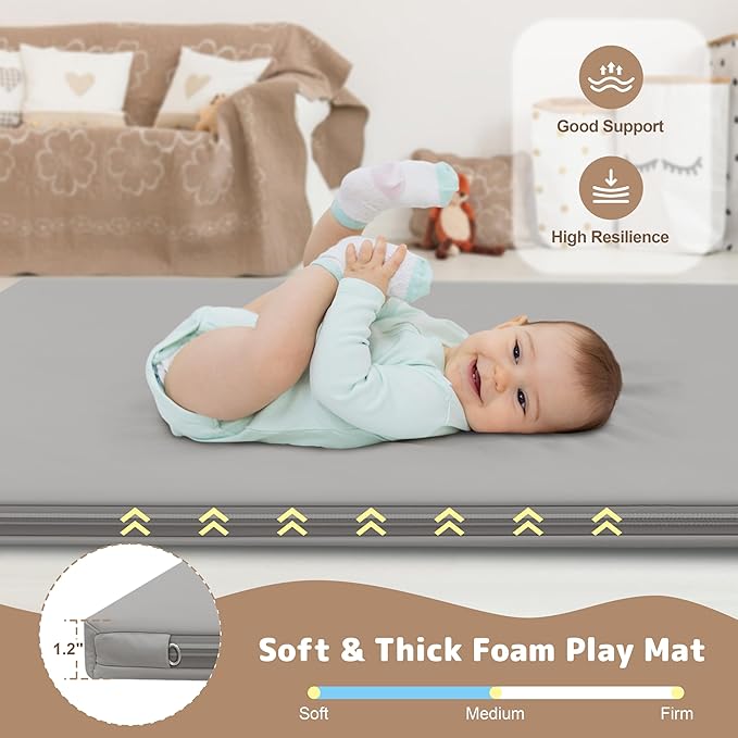 HARBOLLE Baby Play Mat 71x55 Inches, Extra Thick 1.2" Foam Floor Mat for Tummy Time & Crawling, Waterproof Non-Slip Faux Leather Playpen Mat for Infants Toddlers, Indoor Outdoor Gym Activity, Gray