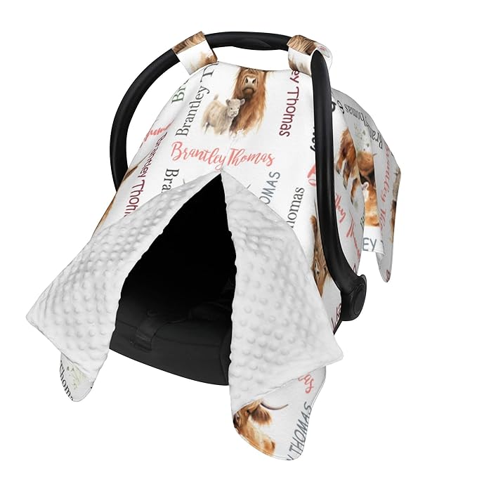 Personalized Baby Car Seat Canopy with Name Custom Minky Highland Cow Car Seat Covers Nursing Cover for Breastfeeding Multi-Use Cover Infant Carrier Carseat Winter Cover for Newborn Girls Boys