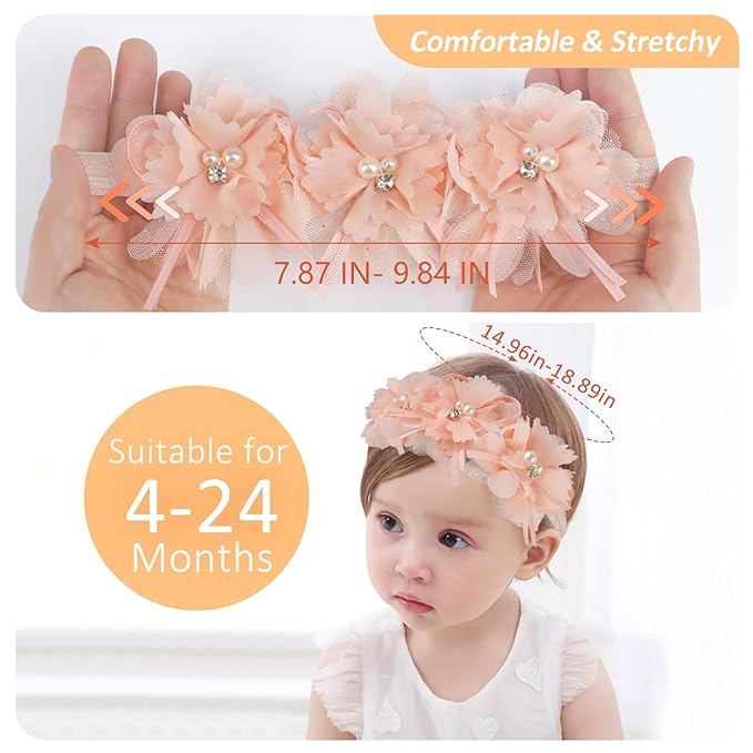Fmeida Flower Headband for Baby Girl Floral Headbands Crown Baptism Hairband Hair Accessories Peach
