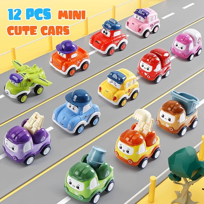 Kiddiworld Mini Car Toys for 1 Year Old Boy Gifts, 12 Sets Pull-Back Trucks with Playmat/Storage Box for Toddlers Age 1-2, Baby Toys 12-18 Months, 1st Christmas Birthday Gifts for One Year Olds