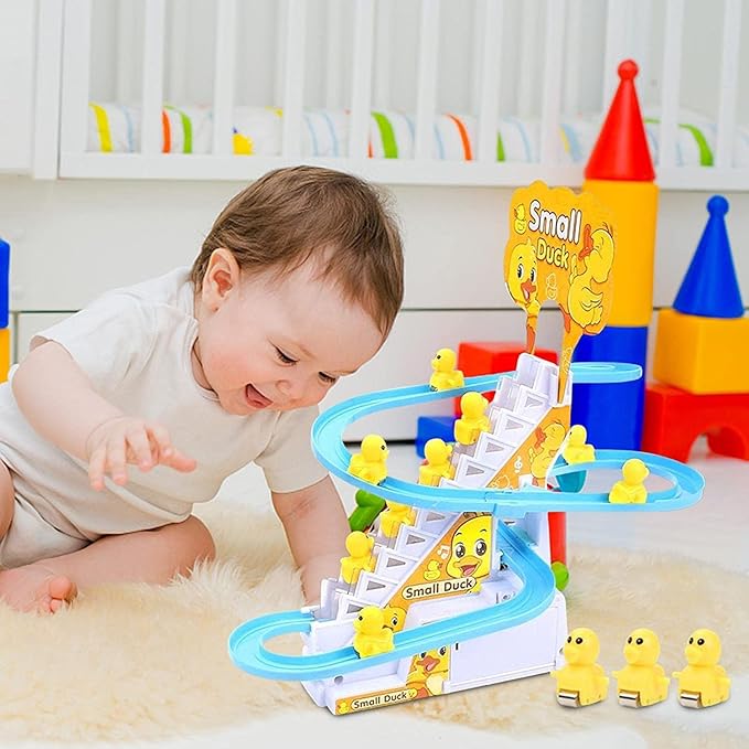 Small Ducks Climbing Toys, Electric Llittle Duck Climbing Stairs Toy,Roller Coaster Toy Set with LED Flashing Lights & Music,Duck Track Slide Toy Gift for Toddlers Kids Age 3