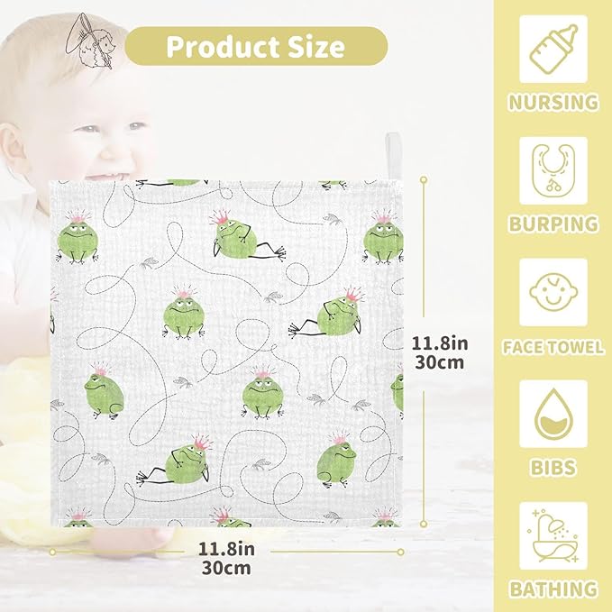 vvfelixl Baby Cotton Washcloths Frogs Mosquitoes Infants Bath Towel for Unisex Prince Face Towels for Newborn, Natural Baby Wipes Delicate Skin, 11.8 X 11.8 inch, one sizex3