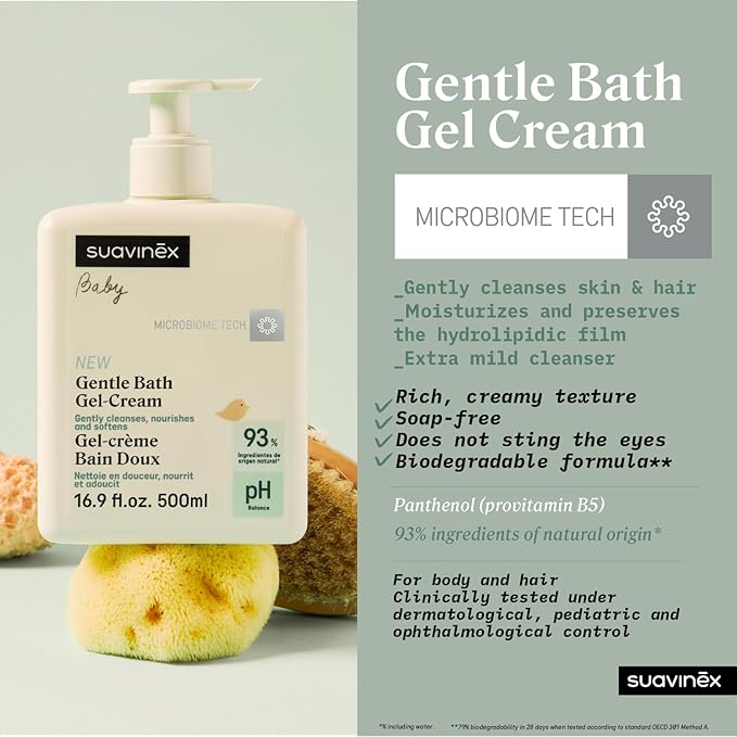 Suavinex Gentle Bath Gel Cream, Baby Shower Gel and Shampoo, Soap Free Baby Wash, Tear Free Suitable for Sensitive Skin and Newborns, 93% Natural Ingredients with Prebiotic, 16.9 fl oz.