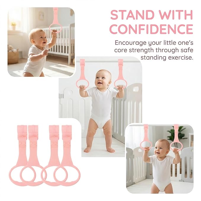 SAFIGLE 4pcs Pull up Rings Standing Walker Crib Tool Ring Playpen Crib Hook Help Stand Up Walking Training Tool for Newborn Pink Supplies