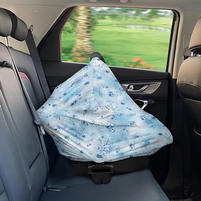 LedBack Baby Car Seat Cover for Babies, Blue Florals Car Seat Breastfeeding Cover for Boys Girls Breathable Baby Carseat Canopy