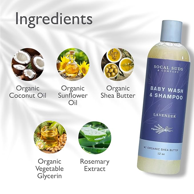 SoCal Suds & Company Baby Body Wash & Shampoo with Shea Moisture for Sensitive Skin, Bath & Hair Products for Toddlers & Babies, Natural Soap - 1 Pack Lavender 12oz Bottles