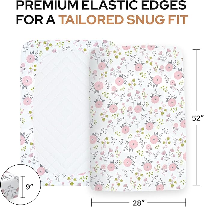 Pickle & Pumpkin Premium Organic Crib Sheet | 2 Pack 100% Organic Jersey Cotton Fitted Crib Sheets Set | Crib Bedding for Baby Girl | Toddler or Standard Crib Mattress Sheets | Pink & Floral