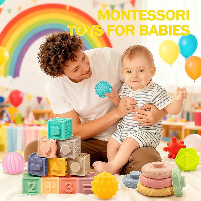 ELLECK Baby Montessori Sensory Toys for 0-6 6-12 Months, Teething Toys for Babies 0 3 6 9 12 18 Months, Infant, Newborn Rattle Teether, Blocks, Soft Stacking Rings, Ideal Baby Boy Girl Gifts Set