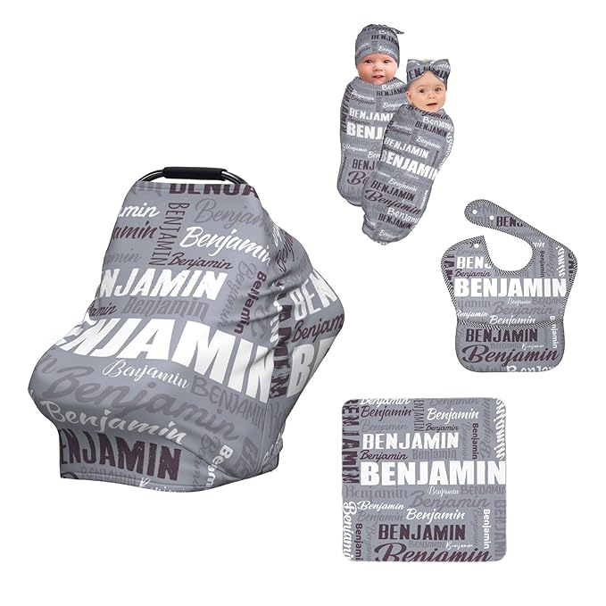 Personalized Baby Car Seat Cover for Boys Girls, Custom Monogram Nursing Covers for Breastfeeding with Name, Infant Stroller Cover, Optional Baby Bib, Baby Swaddle Set for Newborn Infant