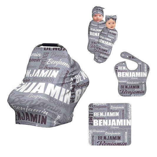 Personalized Baby Car Seat Cover for Boys Girls, Custom Monogram Nursing Covers for Breastfeeding with Name, Infant Stroller Cover, Optional Baby Bib, Baby Swaddle Set for Newborn Infant