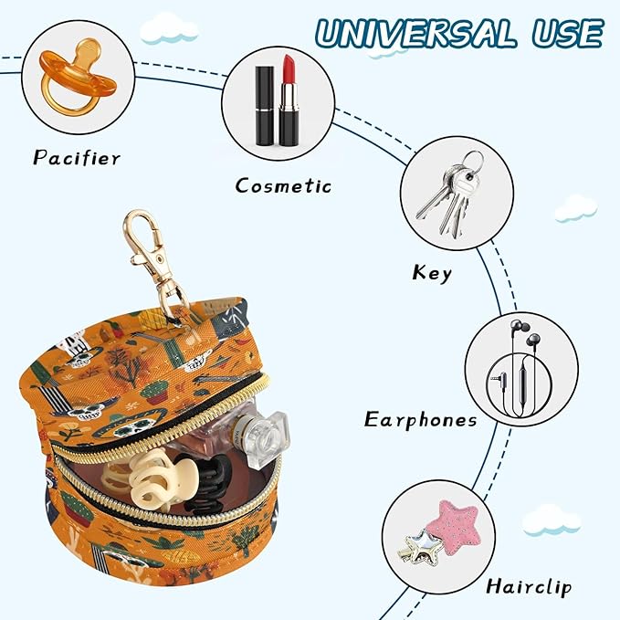 Pacifier Holder with Clip Pacifier Case for Diaper Bag Round Baby Pacifier Pouch Box Bag Portable Day of The Dead Orange Skull Cacti Guitar