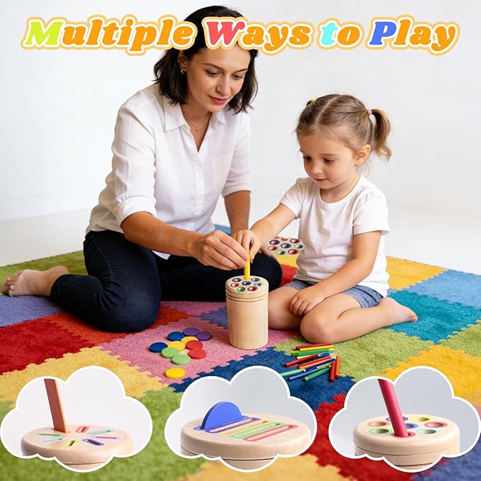 Wooden Montessori Baby Toddler Toys, 3 in 1 Educational Sensory Color Sorting Toys for Toddlers 1-3, Educational Color Sorting Fidget Sensory Toys