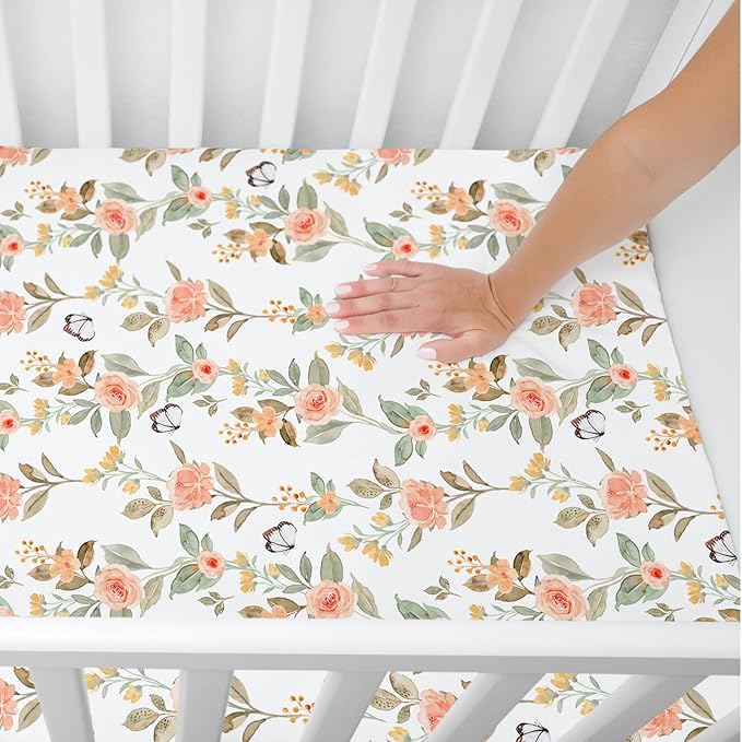 BROLEX Baby Fitted Crib Sheets: Kid Crib Sheets - Set of 2 for Toddler Standard Size Crib Mattress for Boys and Girls - Jersey Knit Crib Bed Sheets Rose & Foliage