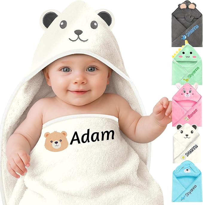 Personalized Baby Towels Hooded with Name, Custom Toddler Coral Velvet Fleece Bath Towel with Hood for Girl Boy, Customized Newborn Gifts - Printed (White Bear)