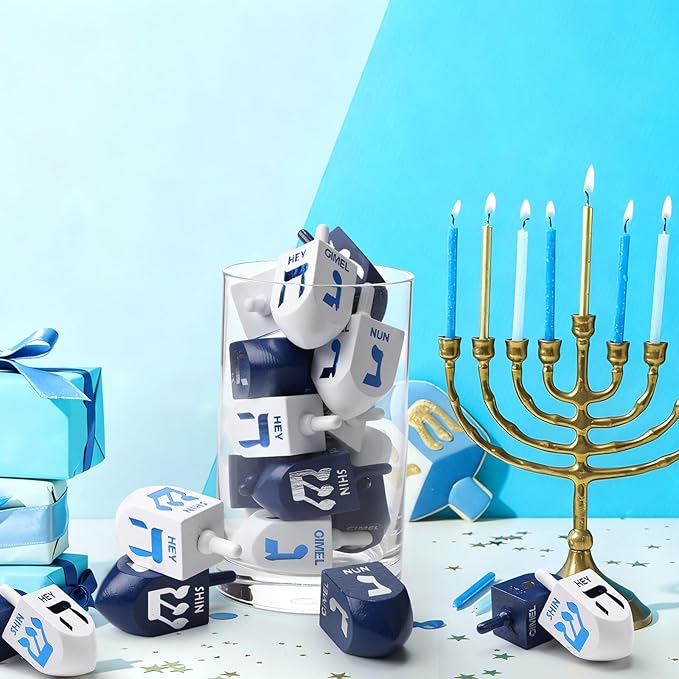 Jenaai 50 Pieces Purim Wooden Dreidel White Blue Natural Wood Dreidels for Passover Party Decorations Projects Crafts Family Fun (2.8 Inch)