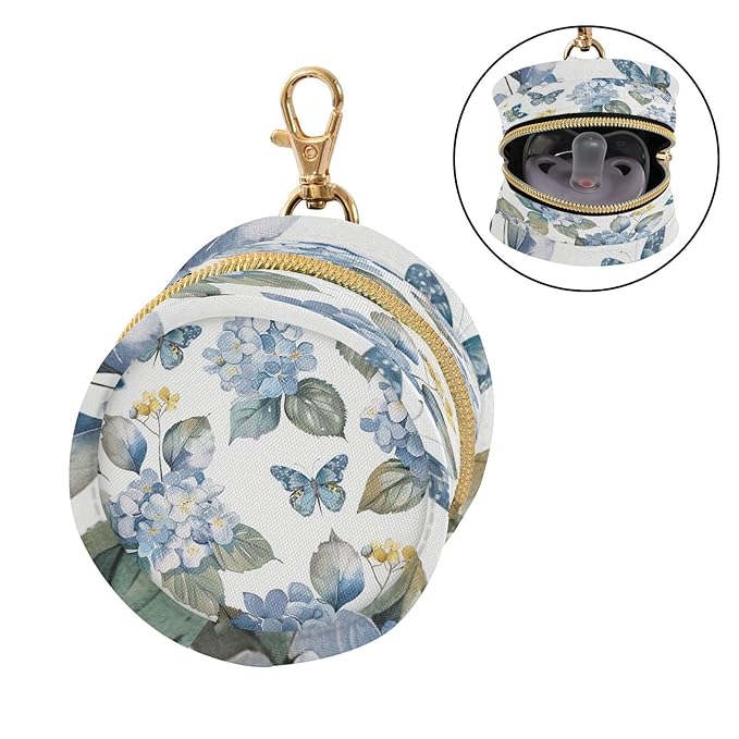 Pacifier Holder with Clip Pacifier Case for Diaper Bag Round Baby Pacifier Pouch Box Bag Portable Blue Hydrangea Butterfly