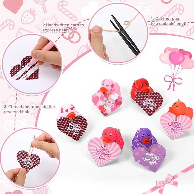 Jerify 24 Pcs 2 Inch Valentines Ducks for Kids Classroom Exchange Gifts Valentine's Day Rubber Ducks with Gifts Cards Mini Heart Rubber Duckies Valentines Party Favors Toys, 6 Styles (Popularity)
