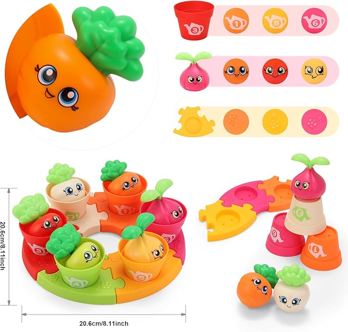 MOONTOY Baby Montessori Stacking Toys Learning Toys for 1 + Year Old 18pcs Plant Flower Pots & Puzzles Set, Color Sorting Toys for Toddlers 1-3, Birthday Gifts for 2 Year Old Girls Boys