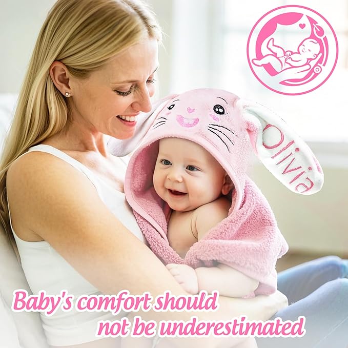 Custom Hooded Baby Towels with Name, Personalized Bunny Easter Gifts for Toddlers, Custom Baby Bath Towels for Newborn, Ultra Soft and Absorbent, Ideal for Girl Boy (Bunny)
