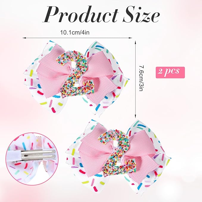 Sparkly Number 2 Birthday Hair Bow with Sprinkle, Sweet Outfit Pink Pigtail Hair Bows for 2 3 4 5 6 7 Years for Baby Girls Two 2nd Second Birthday
