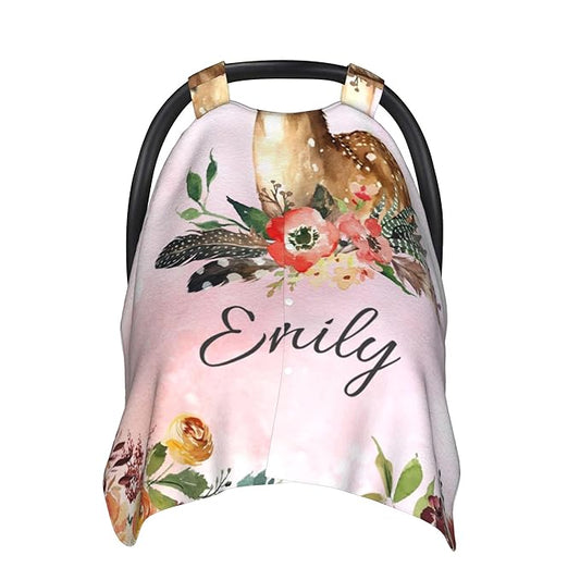 Personalized Custom Name Baby Car Seat Canopy - 2 in 1 Nursing Mom Breastfeeding Cover - Minky Baby Carrier & Stroller Cover with Deer Design