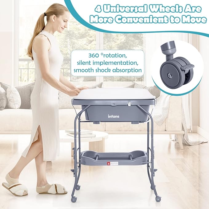 INFANS 2 in 1 Baby Changing Table with Bath Tub Unit, Folding Diaper Dresser Station with Wheels Waterproof Pad Storage Rack, Portable Nursery Organizer Stand for Newborn Infant