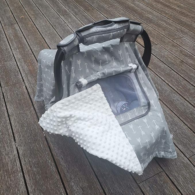 Car seat Covers for Babies boy Girl, Carseat Canopy for Newborn Carrier, 2 Layers Windows of mesh/Fabric, No Shifting on Carrier Handle, Cotton and Fleece, Handle Cushion, White Minky