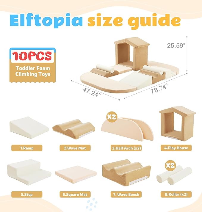 Elftopia 10-Piece Foam Climbing Blocks with Ramp & Stairs for Toddlers,Soft Play Gym Set,Foam Toddler Climbing Toys for Indoor Crawling,Sliding & Creative Play-Classic Color
