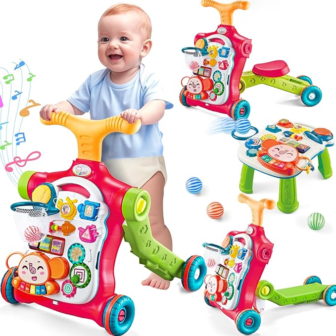 AuntyFey Baby Walker, 5 in 1 Push Walker, Baby Walking Walkers Push Toy for Girls, Girl Toddler Push Toy, Infant Walker, OrangeRed