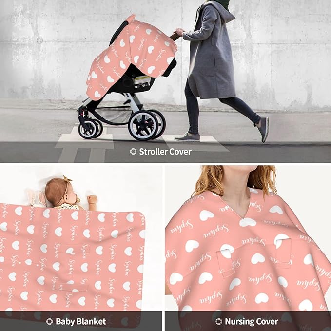 Personalized Baby Car Seat Canopy for Babies with Name, Customized Name and Cute Icon Stroller Car Seat Covers for Boys Girls, Minky Nursing Carseat Cover for Breastfeeding, Newborn, Infant