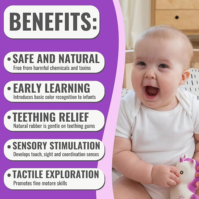 CaaOcho Pure Natural Rubber Teething Baby Toy - Mira The Unicorn Teether for Babies, BPA Free Baby Toy, All Natural Teething Toys for Babies 0-6, Safe and Fun Molar Teether Toy