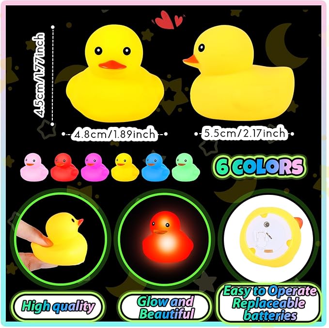 Deekin 198 Pcs LED Light up Rubber Duck 2'' Glow in The Dark Rubber Duck for Birthday Party Supplies Favors Decor Creative Gift Cruise Ducking Games Baskets Fillers Reward