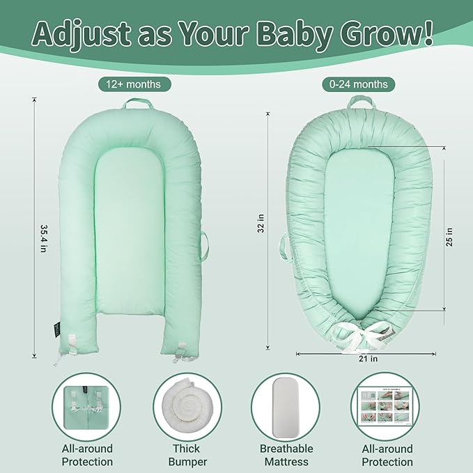 Infant Support Cushions | Baby Lounger | Organic Cotton Infant Lounger | Reversible, Adjustable & Portable Floor Lounger | Supervised Use | Soft, Breathable, Washable Cover(Green)