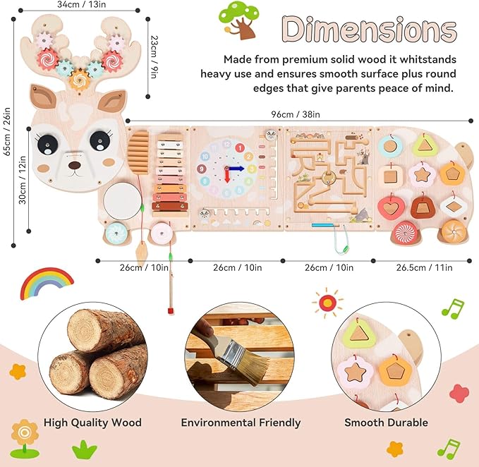 Reindeer Activity Wall Busy Board Panels,12-in-1 Wooden Sensory Wall Panel for Kids, Wooden Montessori Learning Activity Center Sensory Toys for Playroom, Preschool, Daycare, Nursery, Classroom