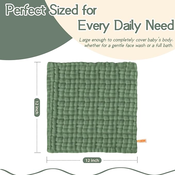 MUKIN Baby Washcloths, Muslin Cotton Face Cloths, Newborn Soft Absorbent Bath Wipes, Burp Cloths or Towels, Pack of 6, 12x12 inches (White,Dark Gray,Tea Green)